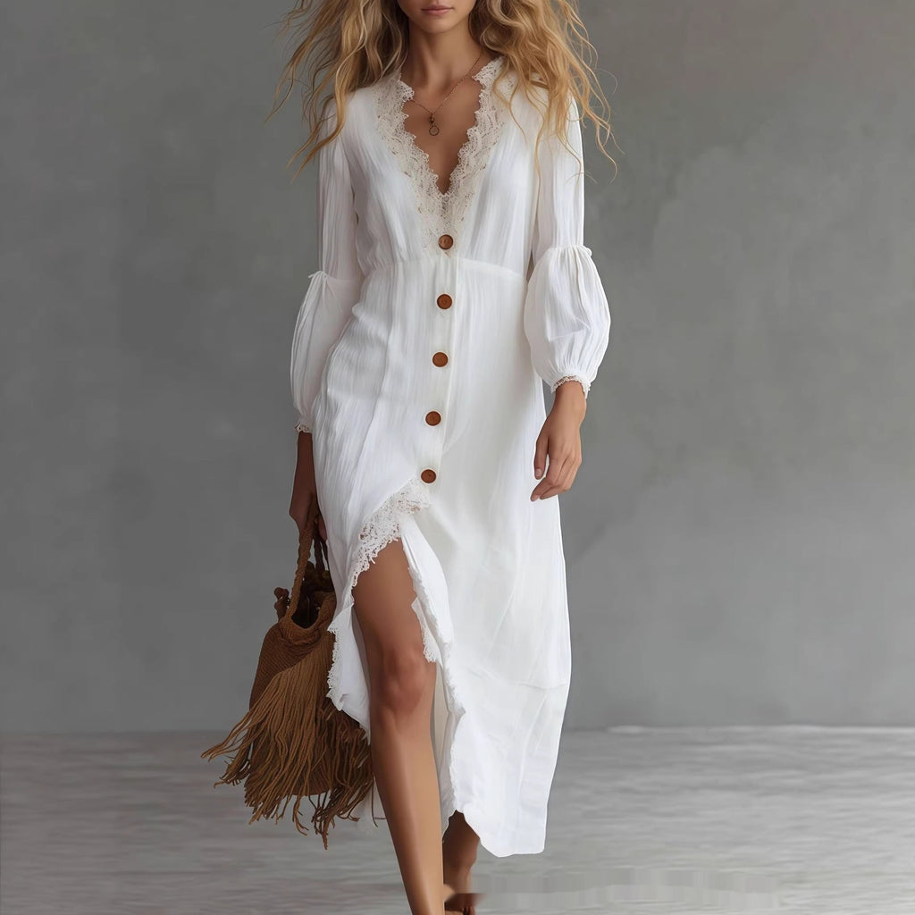 White long-sleeve chic dress by FitiqueFit, casualwear with a stylish, fitted design and classic collar.