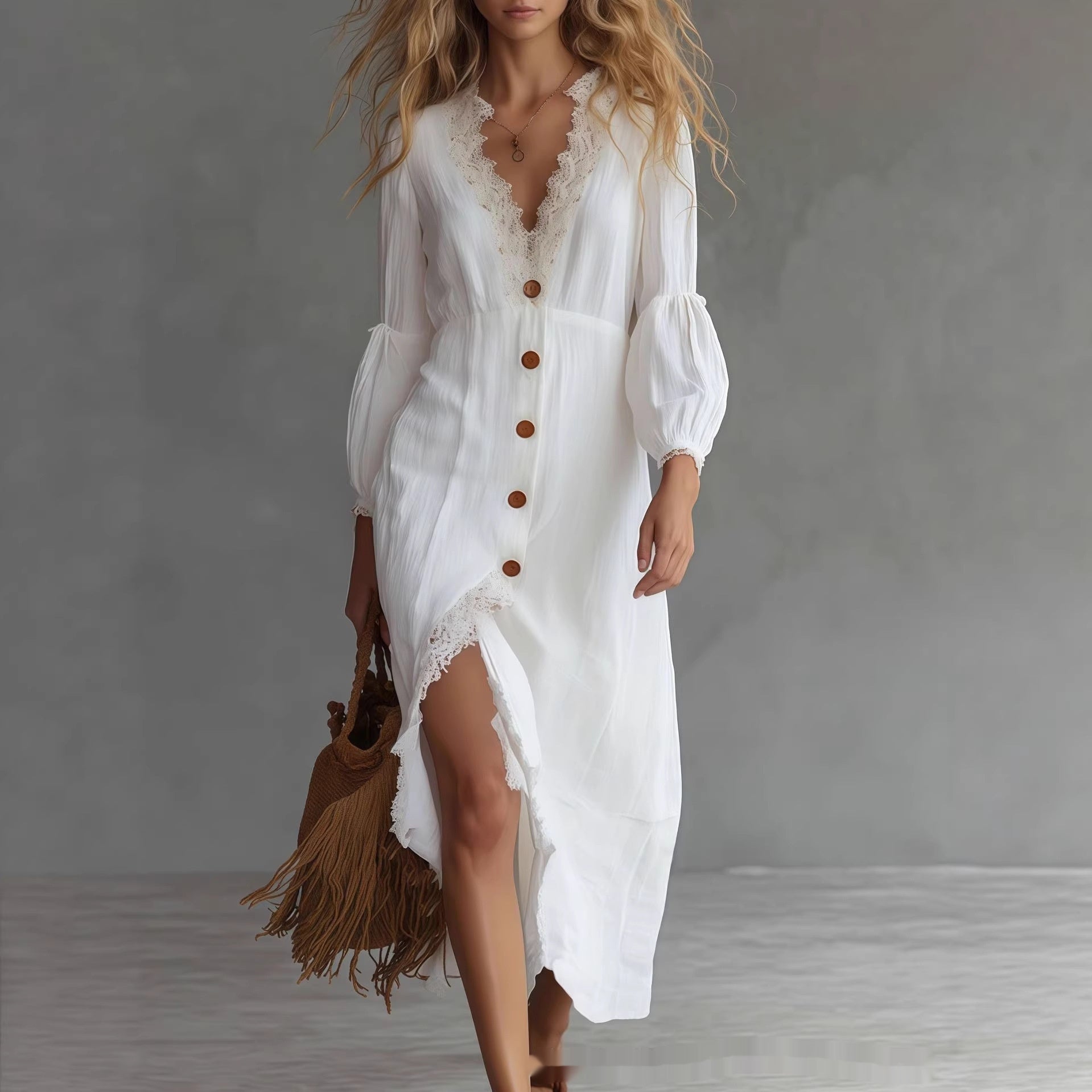 White long-sleeve chic dress by FitiqueFit, casualwear with a stylish, fitted design and classic collar.
