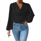 Loose Bella Mia long-sleeved V-neck top for women, featuring a draped design and relaxed fit, perfect for casual wear.