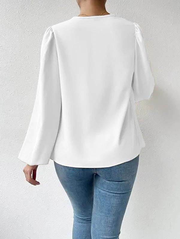 Bella Mia long-sleeved women's loose draped V-neck top, casual shirt with relaxed fit and stylish design.