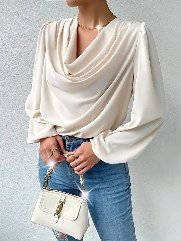 Bella Mia women's long-sleeved loose draped V-neck top, casual and stylish shirt for women.
