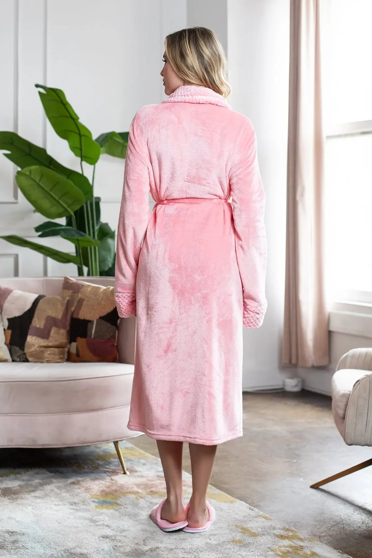 Women's ultra soft plush bathrobe by Lotus Linen, long robe with cozy, plush fabric perfect for relaxing at home.