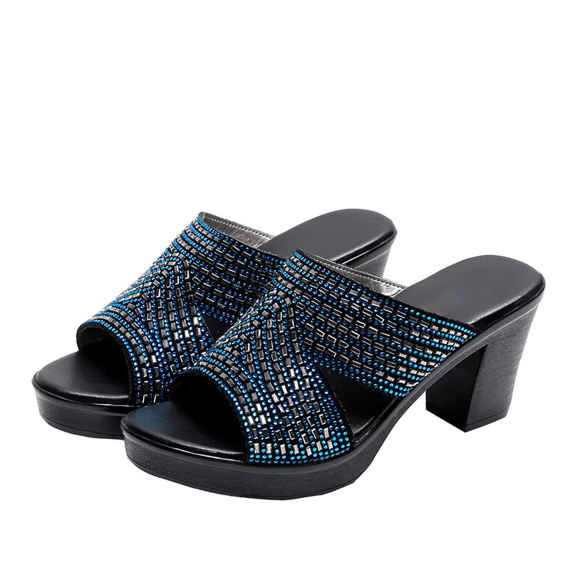 Women rhinestone platform high heels with thick heels and open-toe sandal design, stylishly crafted by Trendy Attic Store01.