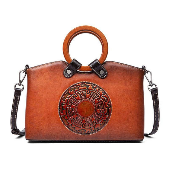 genuine leather handbag with embossed geometric pattern and retro brown color