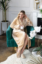 Women's ultra soft plush bathrobe by Lotus Linen, showcasing a cozy, luxurious robe with a relaxed fit and plush fabric.