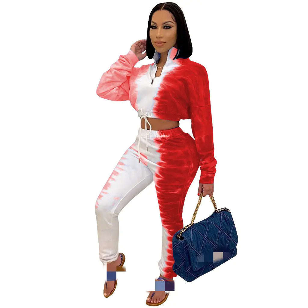 Women’s casual printed stretch sweatshirt and waist sports set, two-piece outfit from Trendy Attic Store01, perfect for active and relaxed wear.