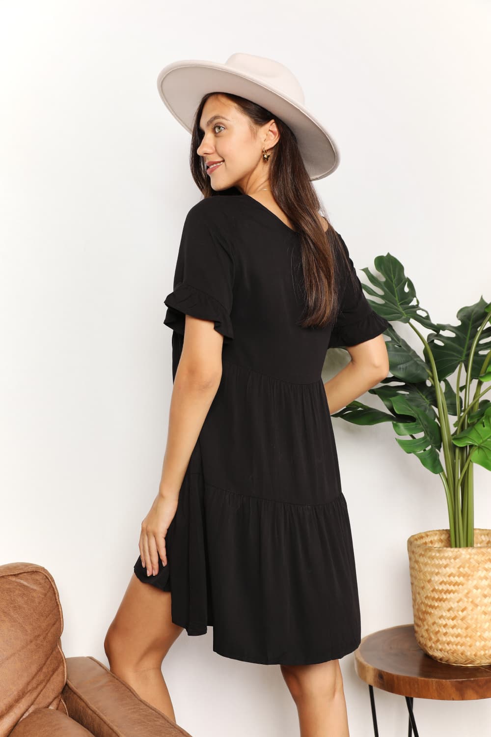 Plush Fashion Hub Mandy women's solid V-neck casual dress with tiered flounce sleeves, perfect for relaxed, stylish outings.