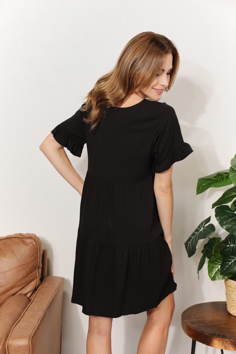 Plush Fashion Hub Mandy V-neck tiered casual dress with flounce sleeves, perfect for women’s relaxed, stylish everyday wear.