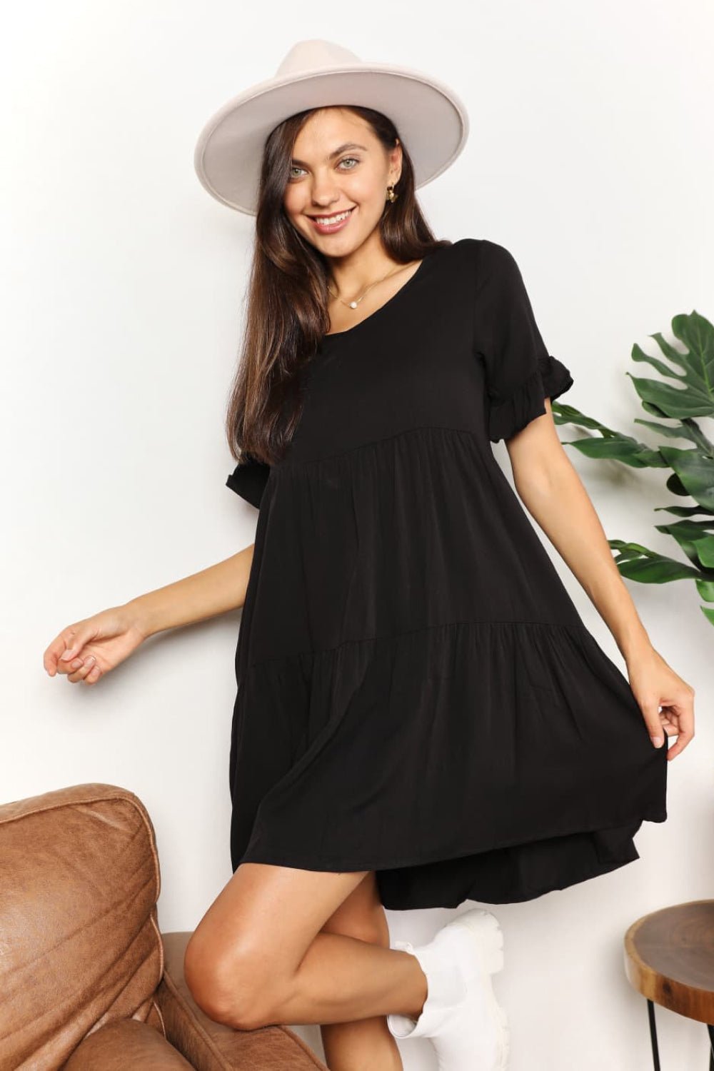 Plush Fashion Hub Mandy solid V-neck casual dress with tiered flounce sleeves, perfect for women’s relaxed summer style.