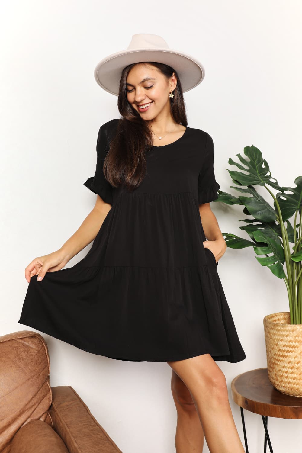 Women's Mandy solid V-neck casual dress with tiered flounce sleeves, from Plush Fashion Hub, featuring a relaxed fit and stylish design.