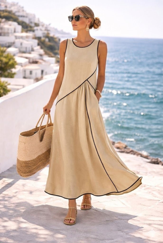 FitiqueFit Mediterranean Contrast Color Vacation Dress in 7 colors, casualwear, available in sizes S to 3XL, displayed on a hanger.