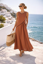 Mediterranean contrast color vacation dress by FitiqueFit in 7 colors, casualwear style, S to 3XL size, lightweight and stylish.