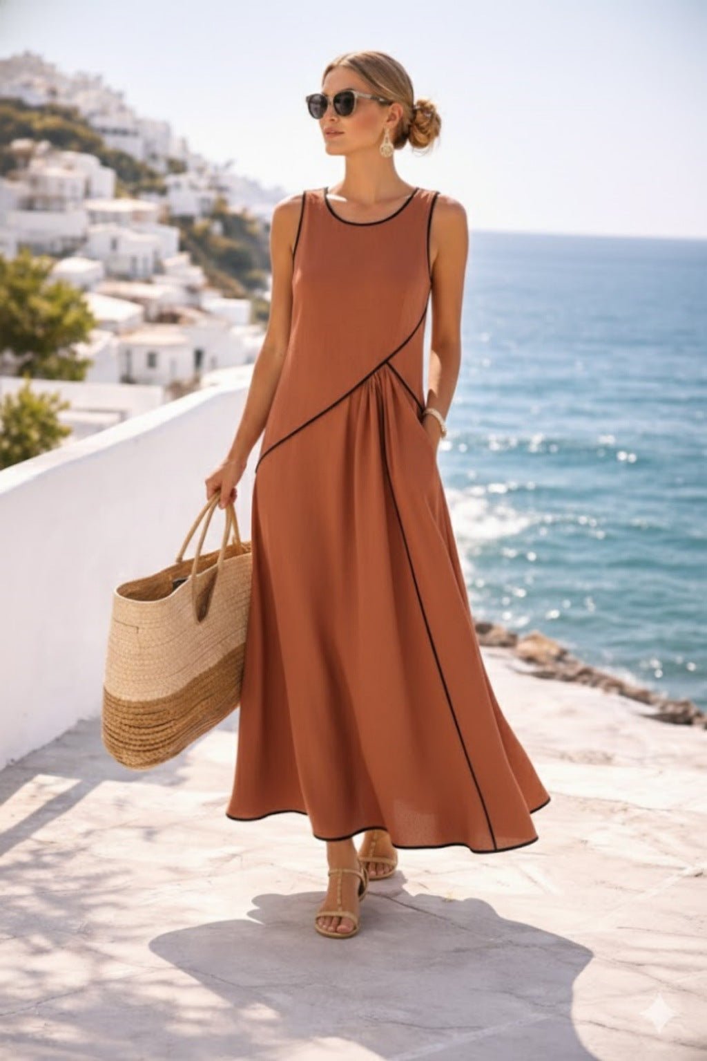 Mediterranean contrast color vacation dress by FitiqueFit in 7 colors, casualwear style, S to 3XL size, lightweight and stylish.