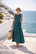 Mediterranean Contrast Color Vacation Dress by FitiqueFit in 7 colors, casualwear, displayed in various angles and fabric details.