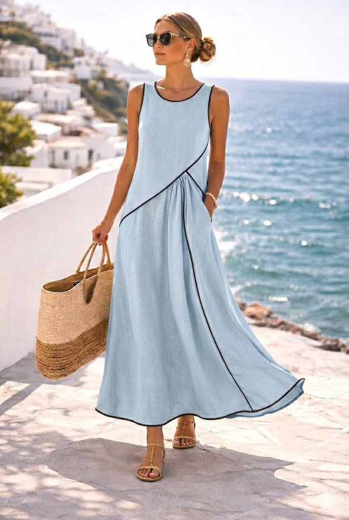 Mediterranean contrast color vacation dress by FitiqueFit in 7 colors, casualwear, featuring a relaxed fit in size S–3XL.