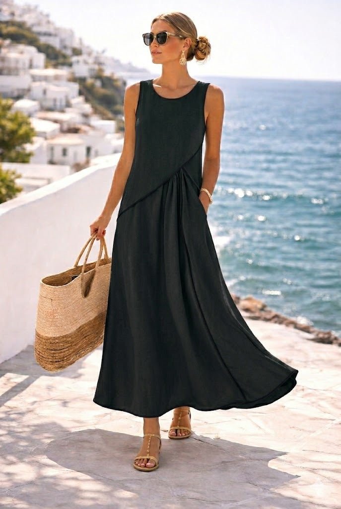 Mediterranean contrast color vacation dress by FitiqueFit in 7 colors, casualwear, displayed on a hanger with vibrant fabric.