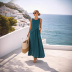 Mediterranean Contrast Color Vacation Dress by FitiqueFit in 7 colors, casualwear, available in S–3XL, displayed on a hanger.