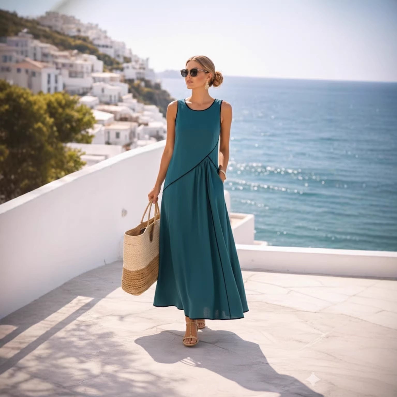 Mediterranean Contrast Color Vacation Dress by FitiqueFit in 7 colors, casualwear, available in S–3XL, displayed on a hanger.