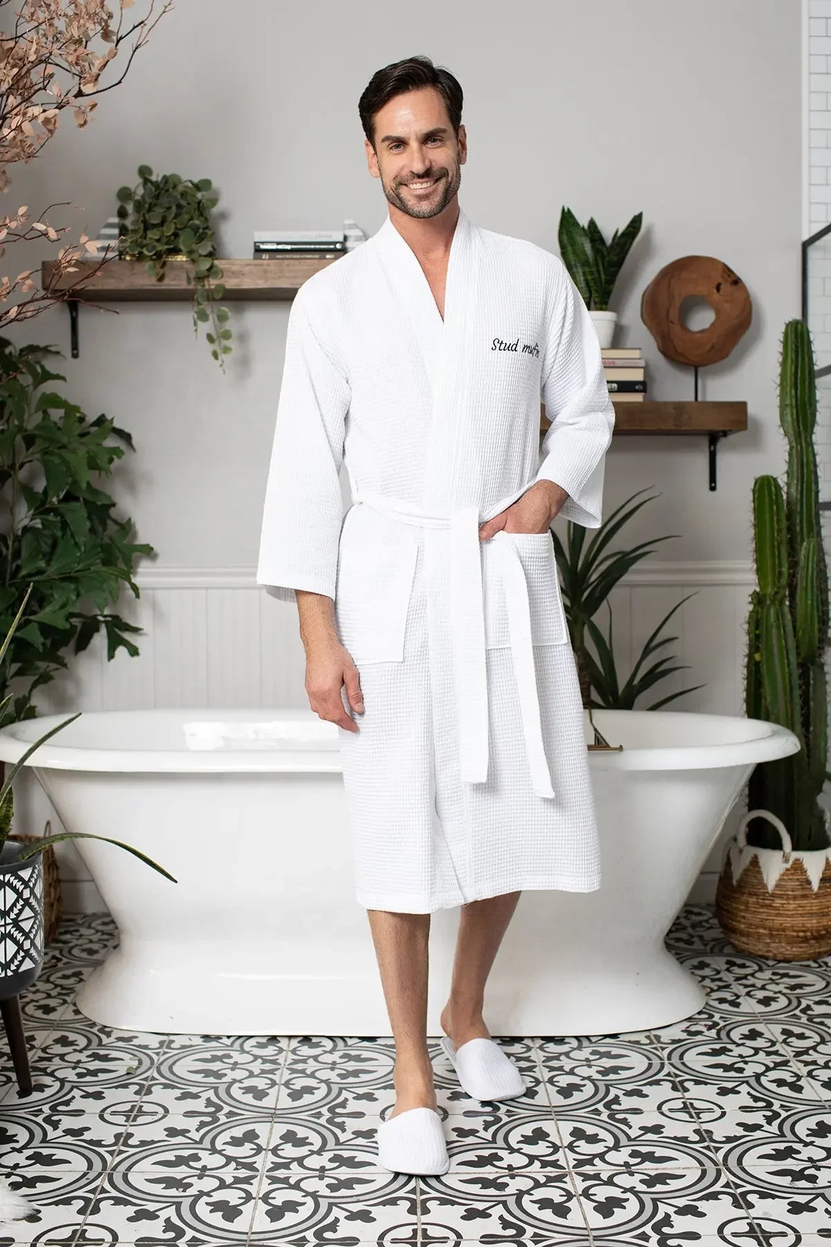 Men's Lotus Linen waffle spa bathrobe, lightweight and absorbent, shown in a relaxed fit with a shawl collar and tied waist.