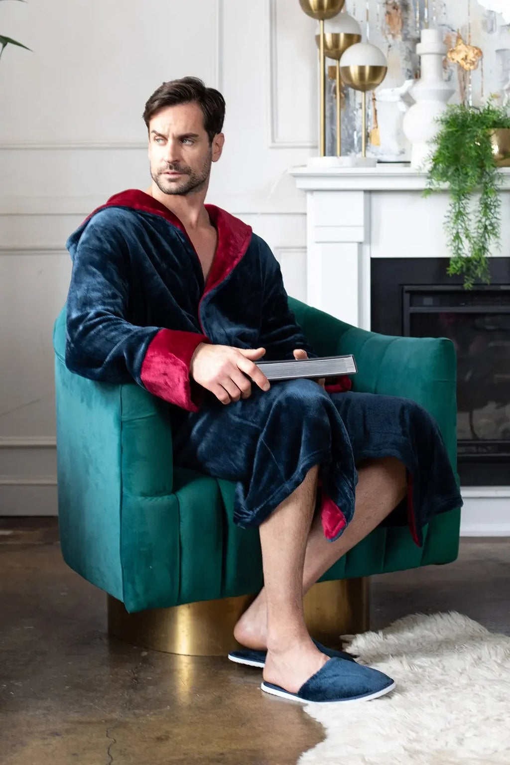 Men’s plush hooded robe by Lotus Linen, ultra-soft and comfortable for everyday wear, shown hanging with a cozy appearance.