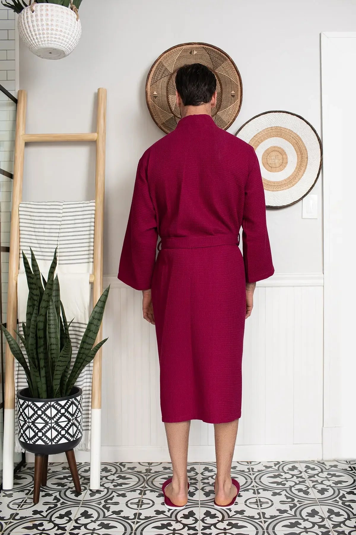 Men's Lotus Linen waffle spa bathrobe, lightweight and absorbent, shown hanging with a relaxed fit and textured fabric.