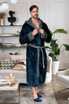 Men’s hooded bathrobe by Lotus Linen, ultra-soft plush fabric, perfect for cozy everyday wear and relaxing at home.