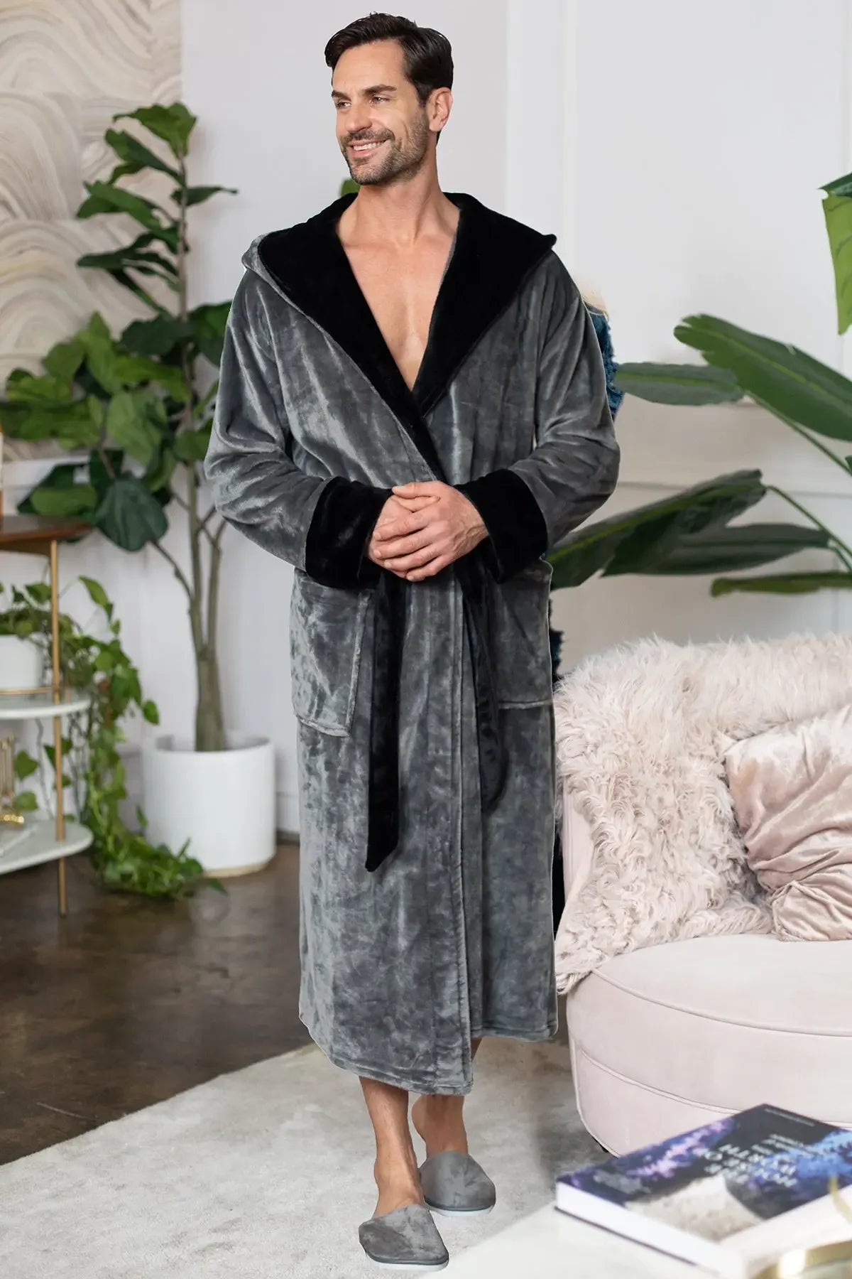 Men’s hooded robe by Lotus Linen featuring ultra-soft plush fabric and a cozy hood, ideal for comfortable everyday wear.