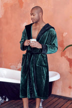 Men’s hooded robe by Lotus Linen, ultra-soft plush fabric, front pockets, and a cozy hood for comfortable everyday wear.