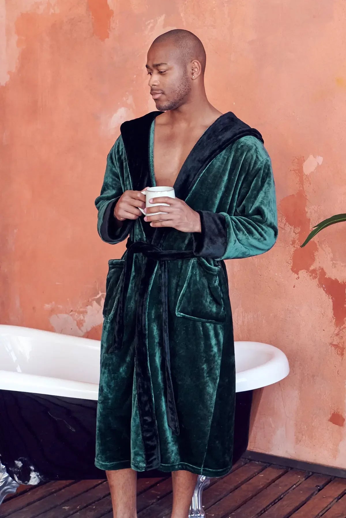 Men’s hooded robe by Lotus Linen, ultra-soft plush fabric, front pockets, and a cozy hood for comfortable everyday wear.