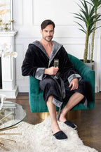 Men’s hooded robe by Lotus Linen featuring ultra-soft plush fabric, with a hood and cozy design for everyday comfort.