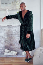 Men’s plush hooded bathrobe by Lotus Linen, ultra-soft and cozy for everyday comfort, shown in a relaxed fit.