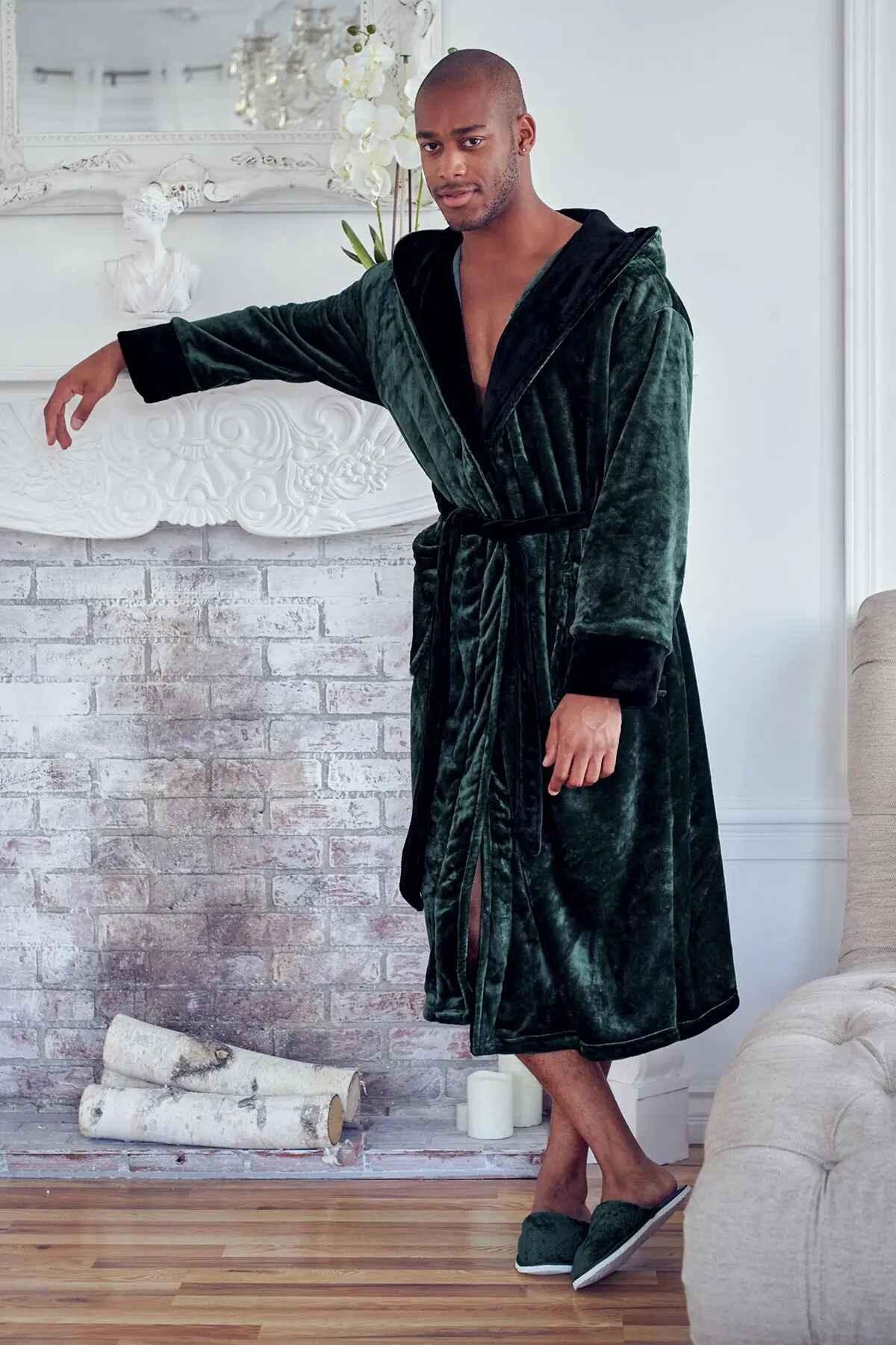 Men’s plush hooded bathrobe by Lotus Linen, ultra-soft and cozy for everyday comfort, shown in a relaxed fit.