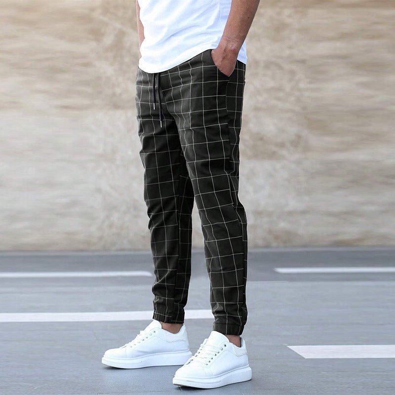 Men's casual plaid print drawstring trousers by FitiqueFit, featuring a relaxed fit and stylish design, perfect for everyday wear.
