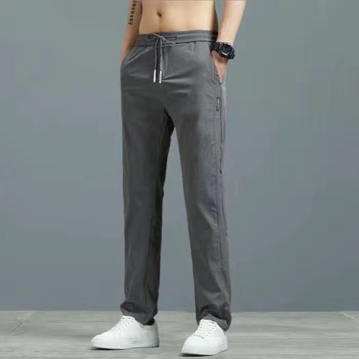 Men's Ice Silk Plus Size Straight-Leg Pants from FitiqueFit, casualwear in cool, smooth fabric with a relaxed straight-leg fit.