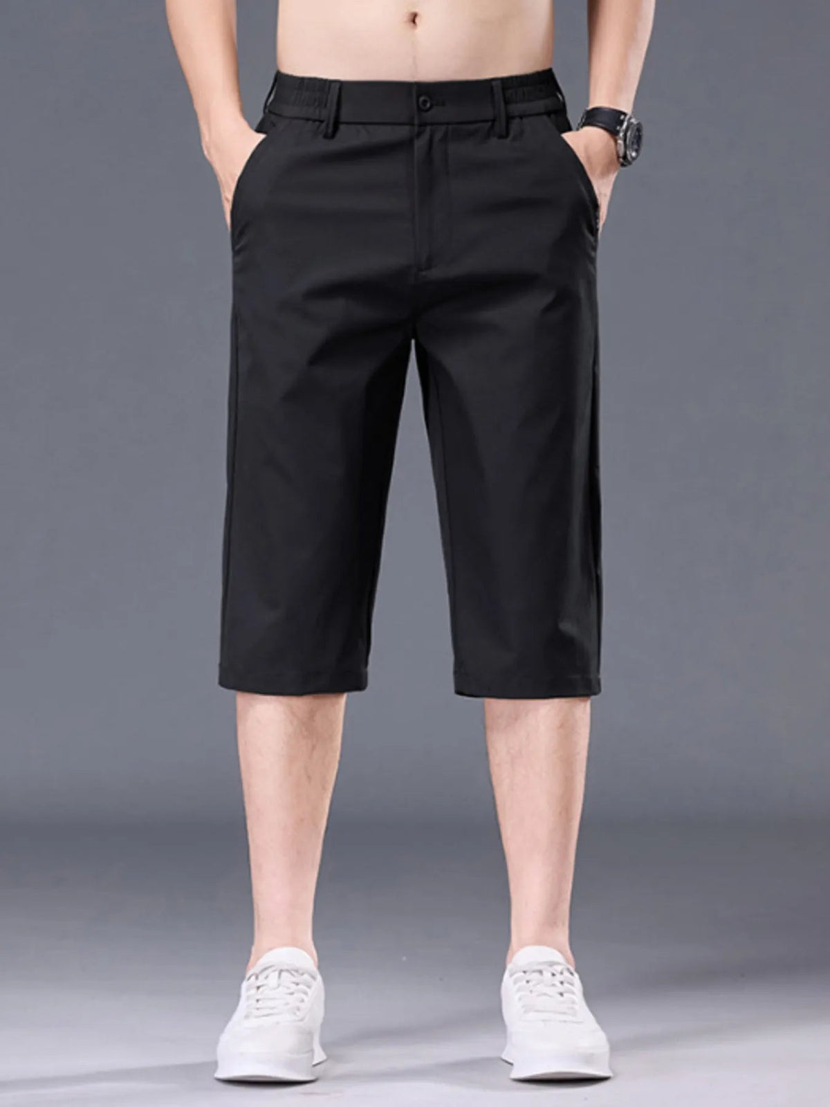 Plus size men's casual stretch shorts with pockets, featuring a comfortable fit and stylish design by Plush Fashion Hub.
