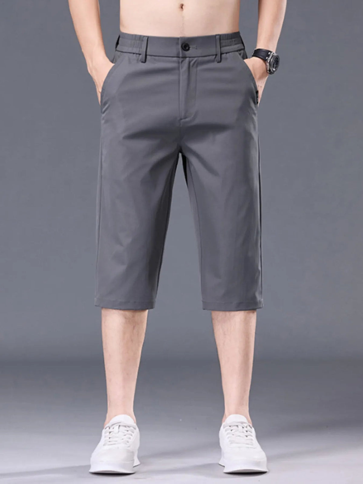 Plus size men's casual stretch shorts with pockets from Plush Fashion Hub, shown in a relaxed fit with functional front and back pockets.