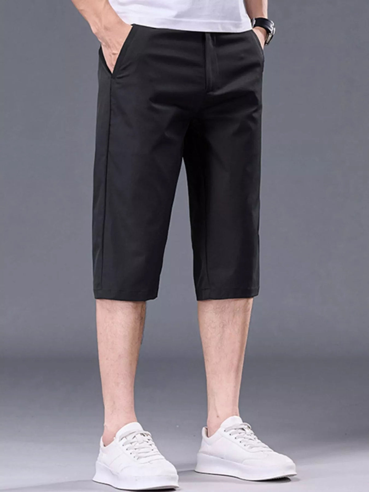 Men's plus size casual stretch shorts with pockets, beige color, comfortable fit, by Plush Fashion Hub.