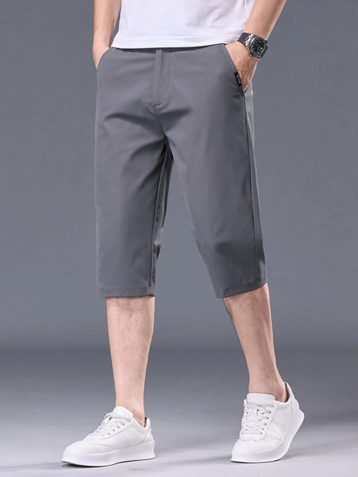 Men's plus size casual stretch shorts with pockets, made by Plush Fashion Hub, featuring comfortable fit and functional side pockets.