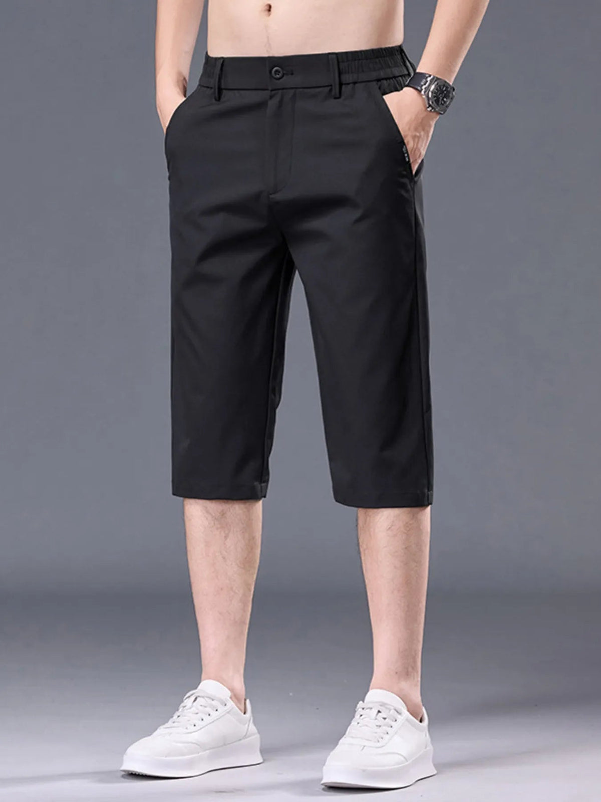 Men's plus size casual stretch shorts with pockets by Plush Fashion Hub, shown in a relaxed fit and comfortable design.