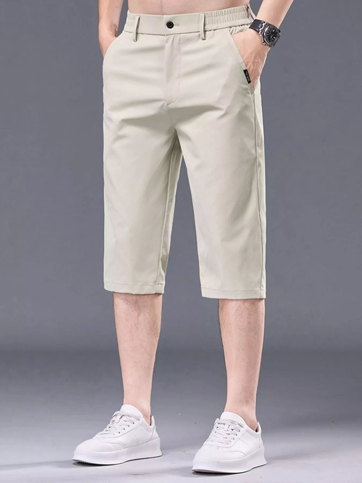 Men's plus size casual stretch shorts with pockets from Plush Fashion Hub, featuring a comfortable fit and functional design.