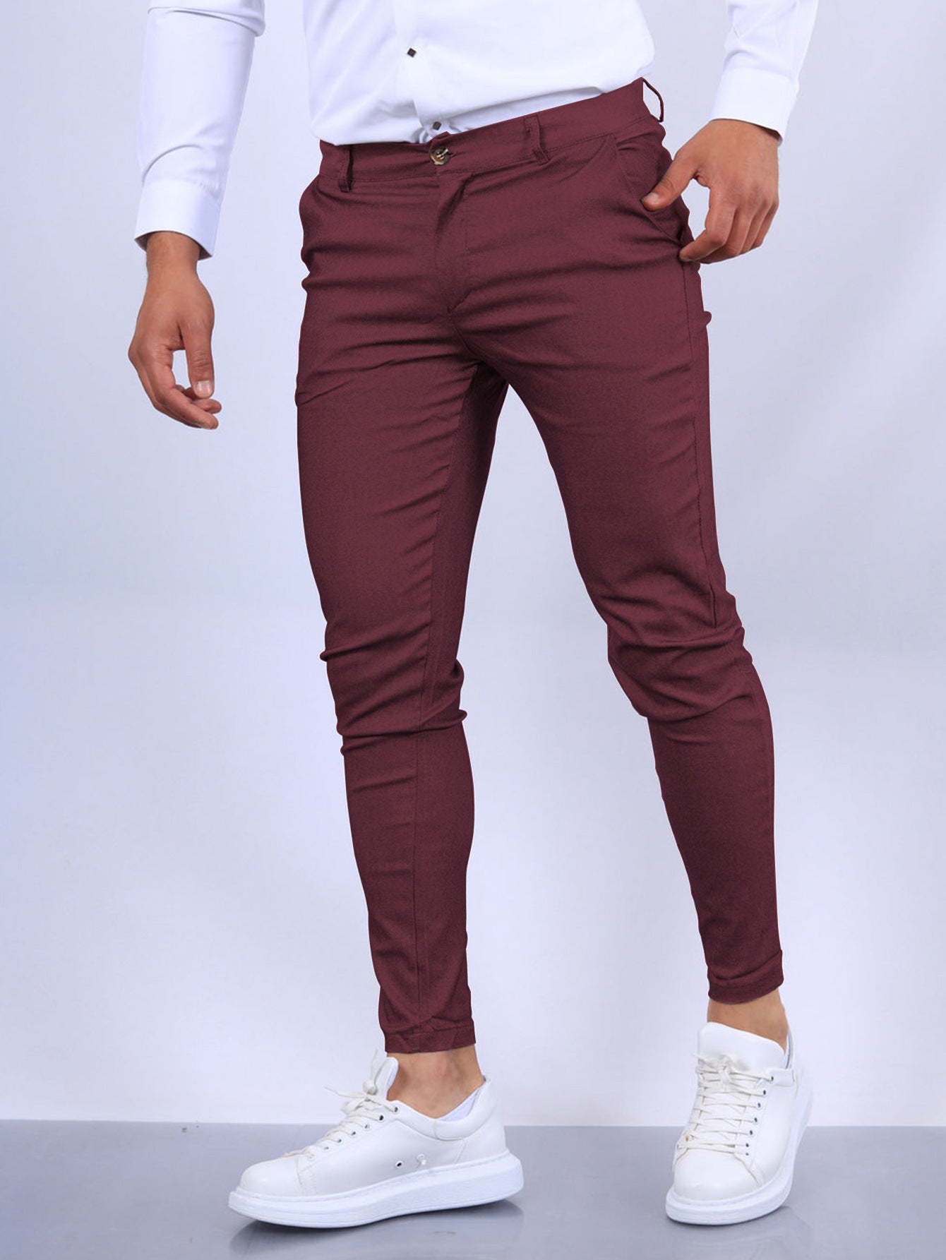 Men's slim fit button trousers by FitiqueFit, versatile casual and office wear in classic design with pockets and tailored fit.