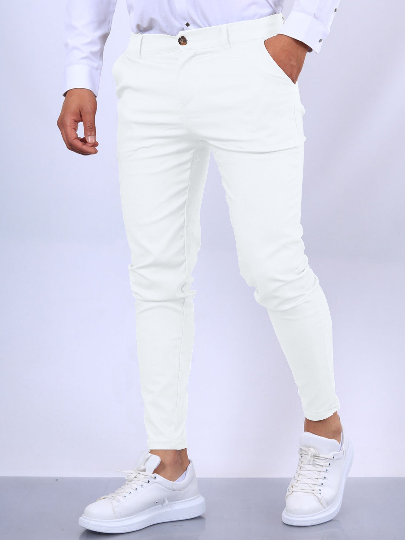 Men's slim fit button trousers by FitiqueFit, versatile casual and office wear in a classic style.