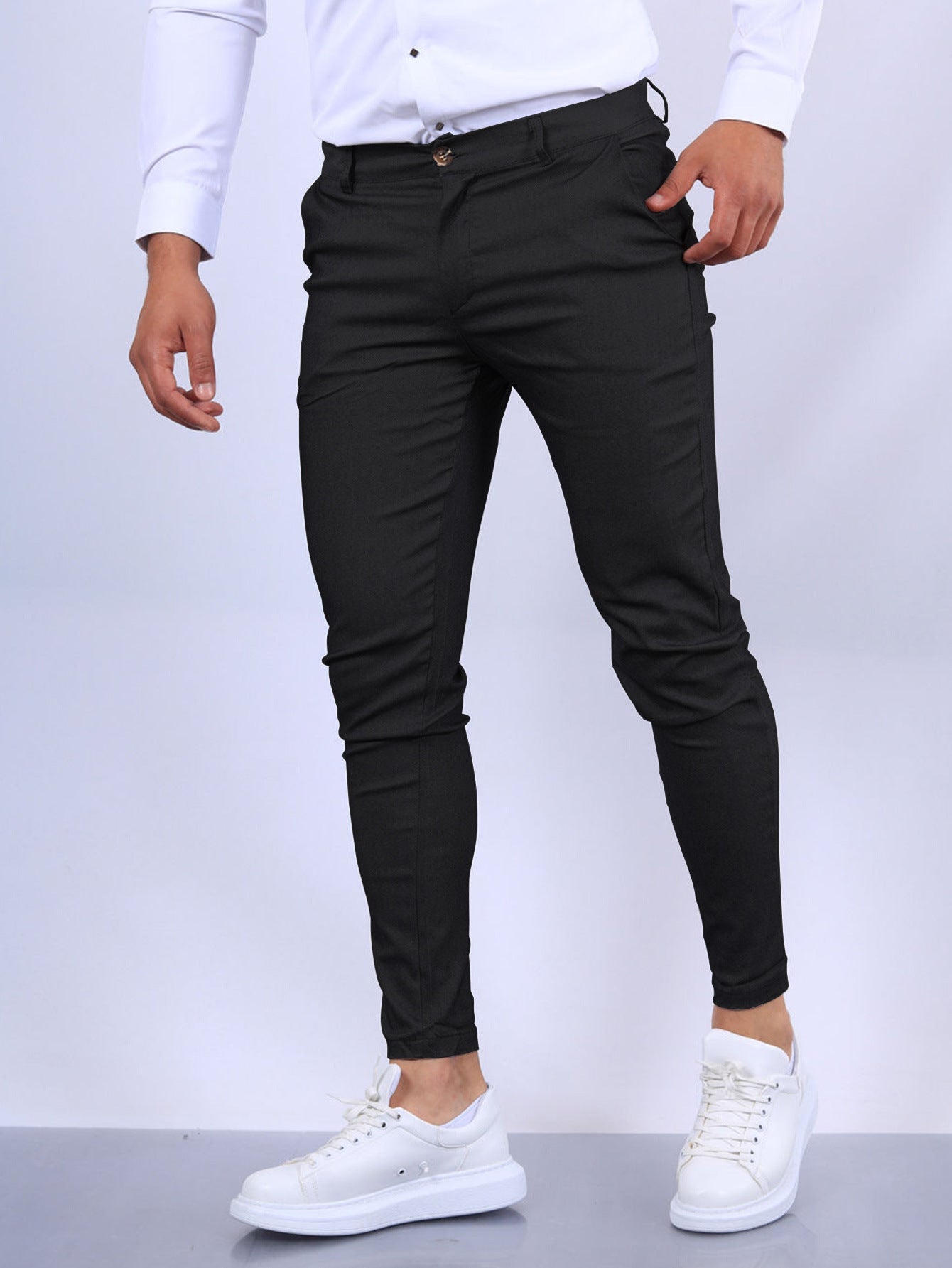 Men's slim fit button trousers by FitiqueFit, versatile casual and office wear in a tailored, modern style.