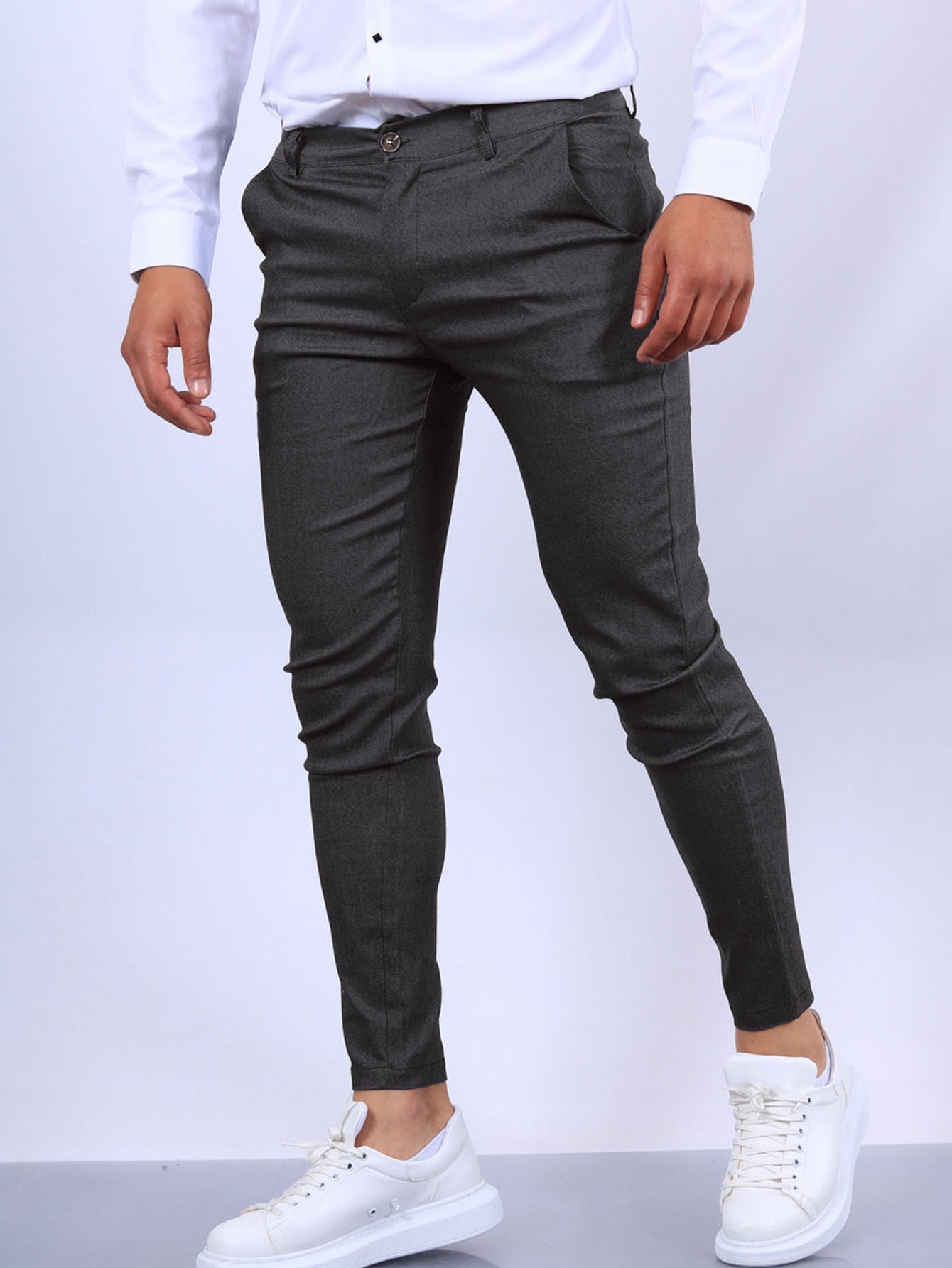 Men's slim fit button trousers by FitiqueFit, versatile casual and office wear, shown in a neutral color and tailored fit.