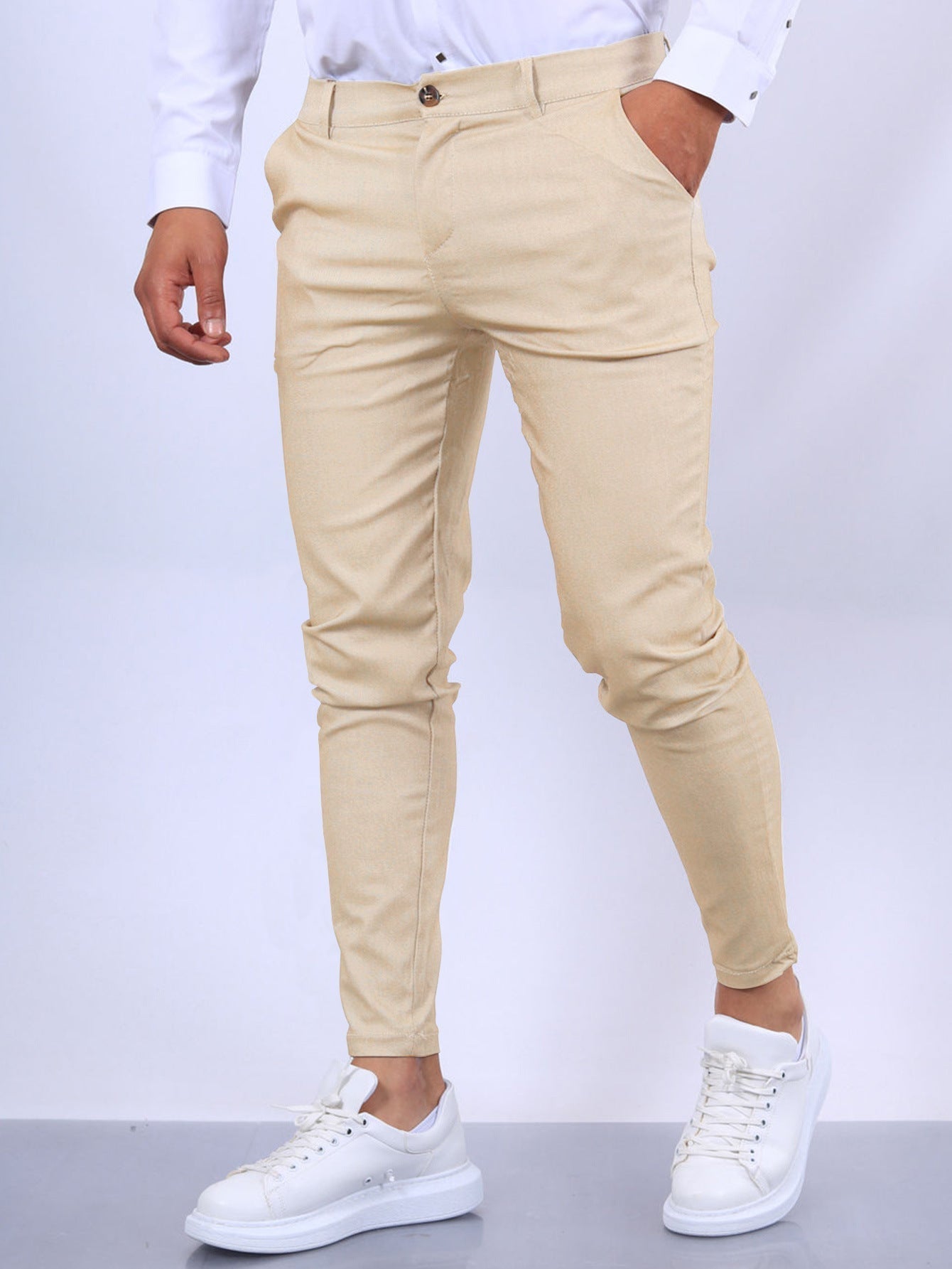 Men's slim fit button trousers by FitiqueFit, versatile casual and office wear with a tailored look and classic design.