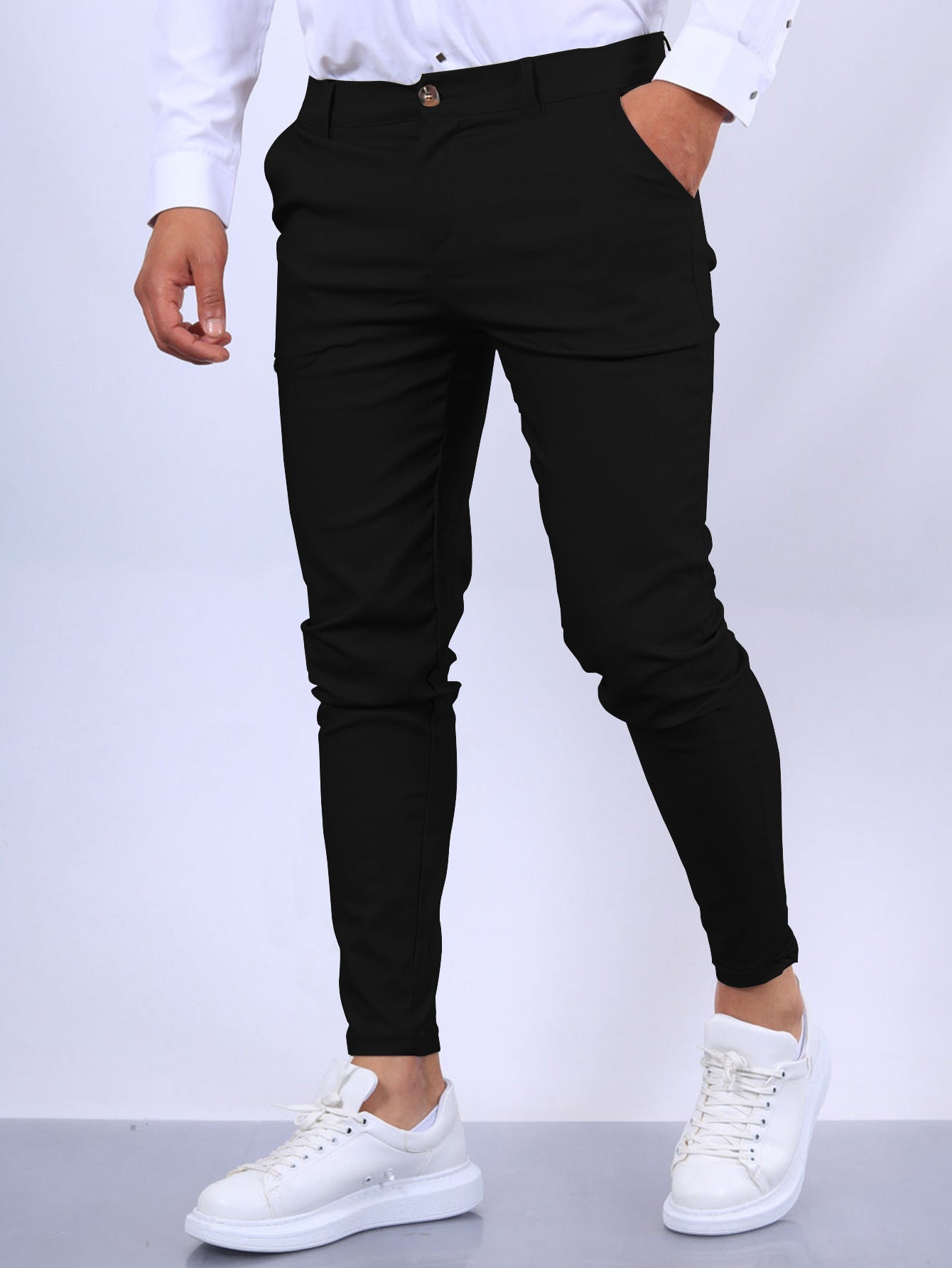 Men's slim fit button trousers by FitiqueFit, versatile casual and office wear in a stylish, tailored design.