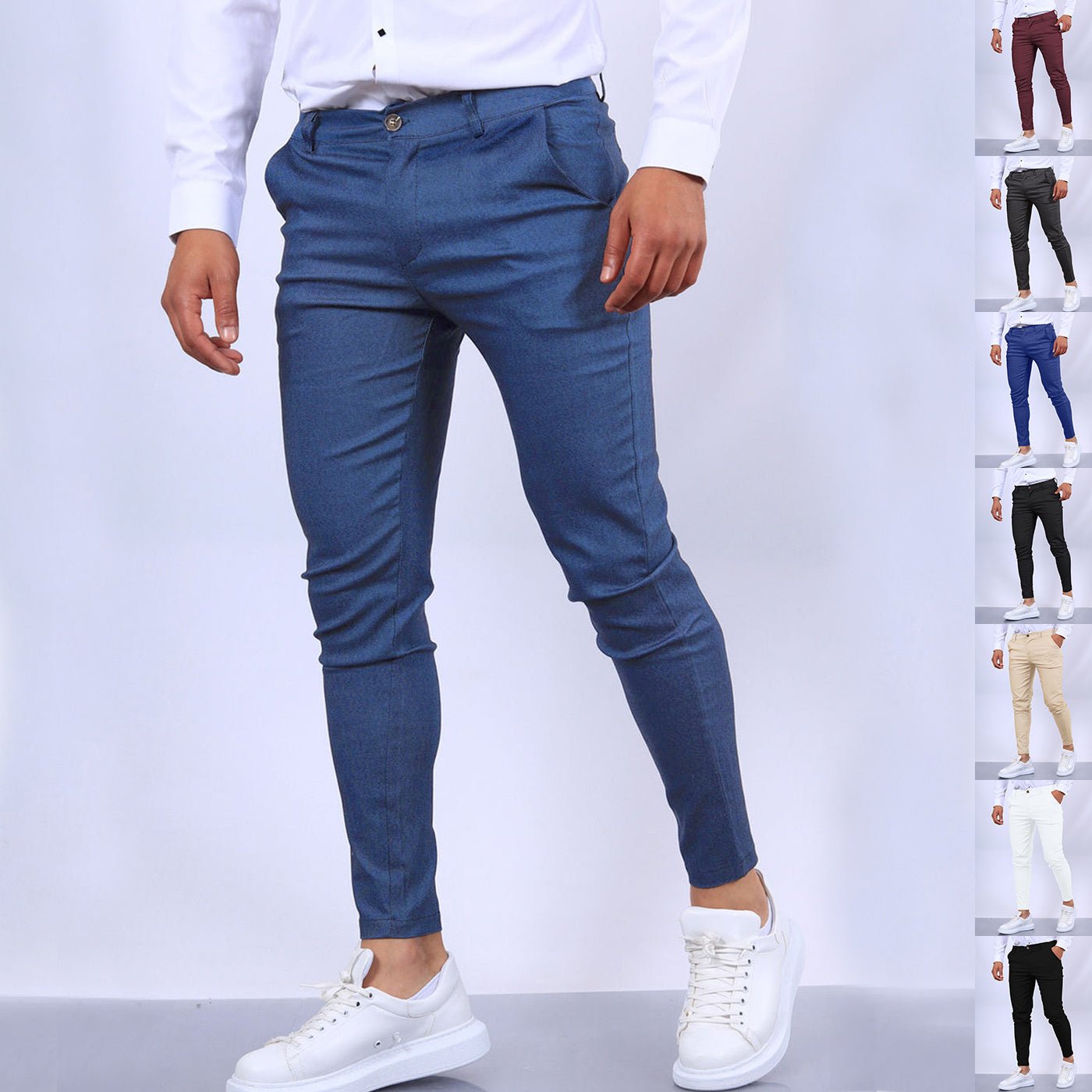 Mens slim fit button trousers from FitiqueFit, versatile casual and office wear, shown in a neutral tone with a tailored fit.