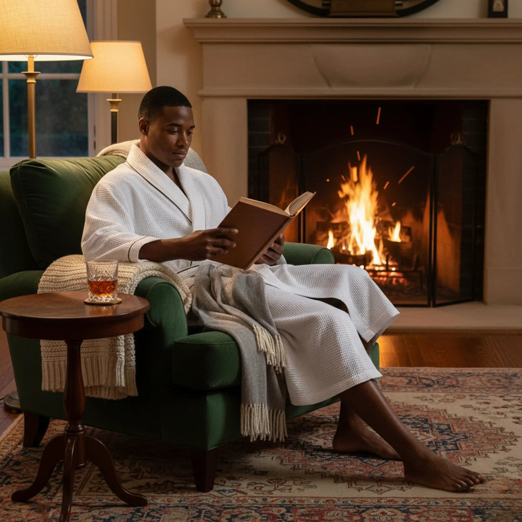Men's Lotus Linen Premium Waffle Piping Robe with a cozy collar and textured fabric, ideal for lounging and comfort.