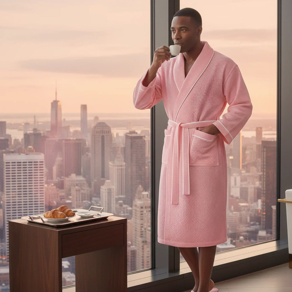 Men's Premium Waffle Piping Robe by Lotus Linen, soft and comfortable men's robe with waffle texture and piping details.