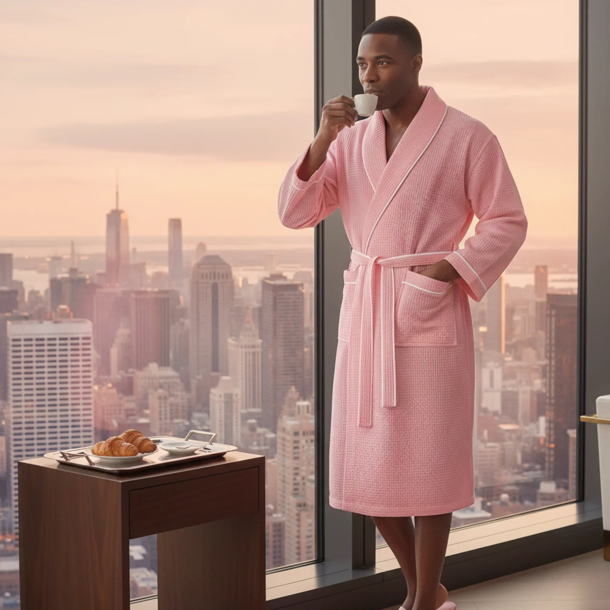 Men's Premium Waffle Piping Robe by Lotus Linen, soft and comfortable men's robe with waffle texture and piping details.